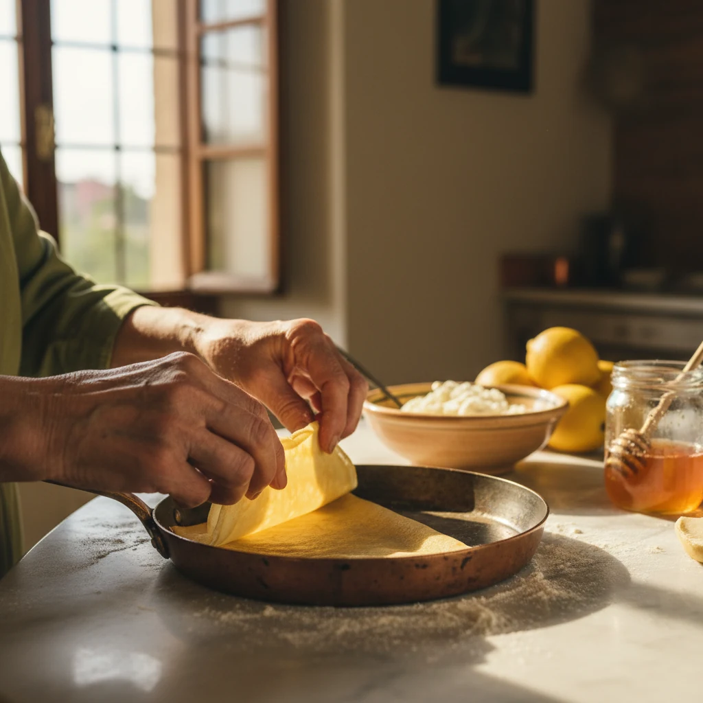 Nonnas hænder, der folder en crespella i et toskansk køkken