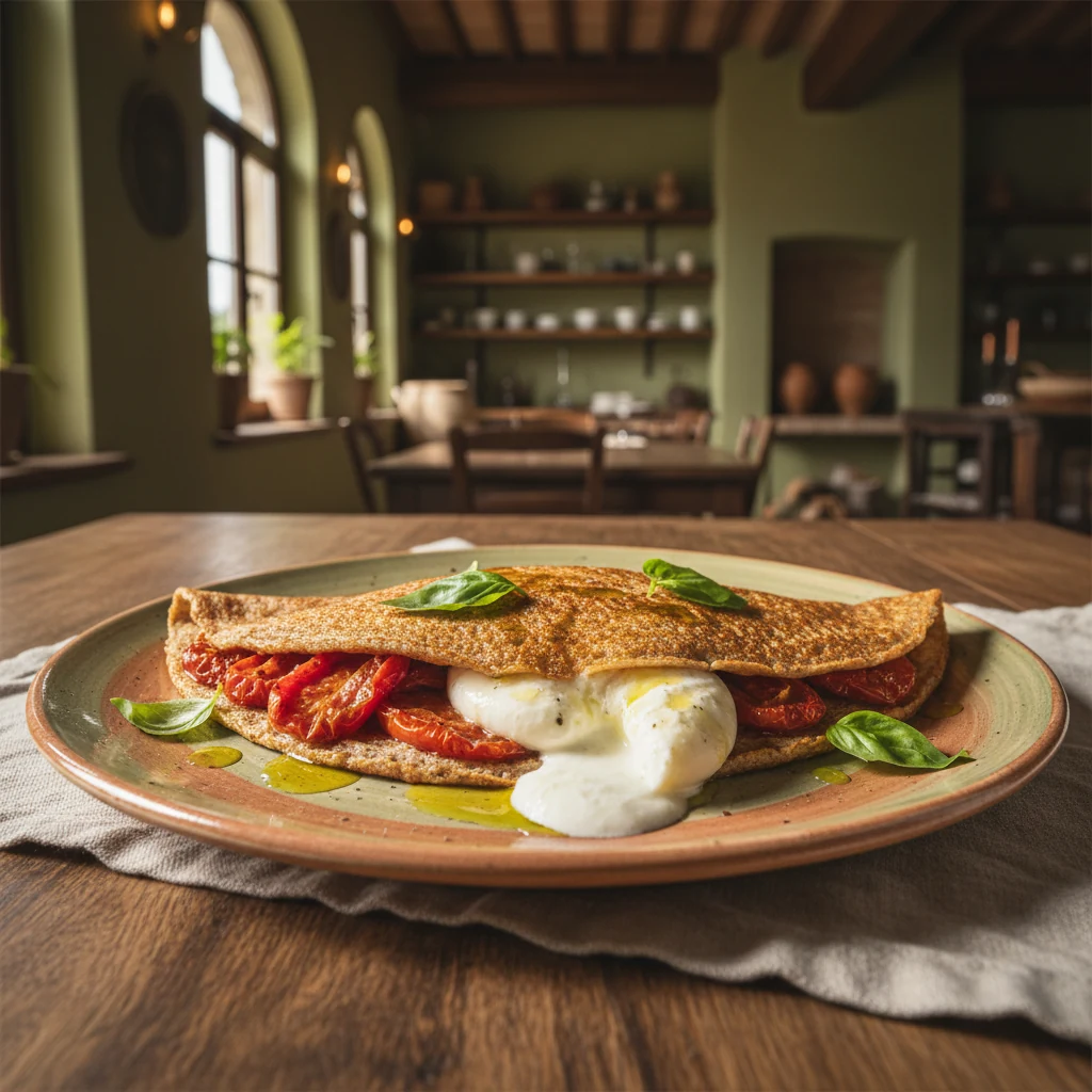Crespella med tomat, burrata og basilikum