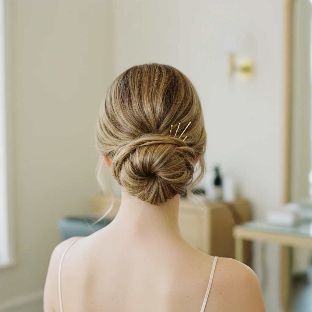 Brud hos Salon Frue — elegant lav chignon med fine guld-pins