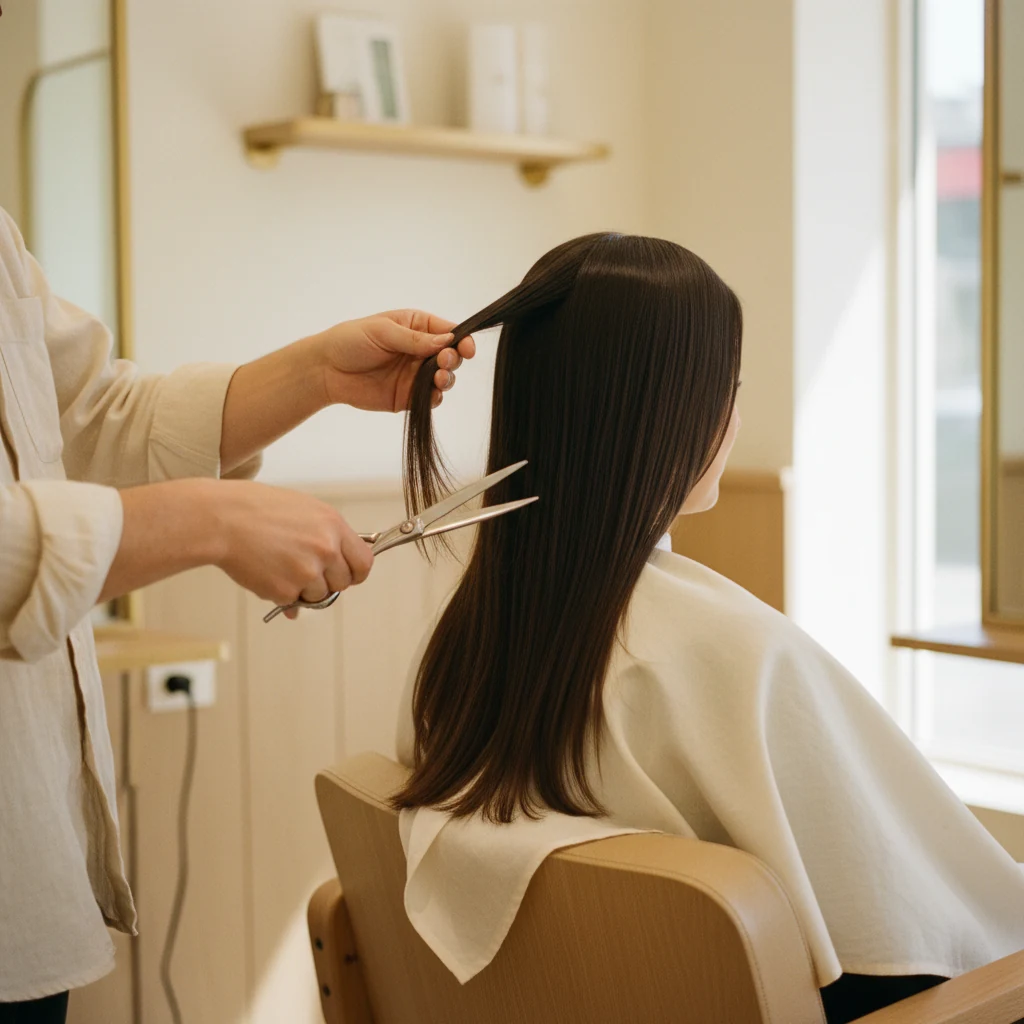Klipning hos Salon Frue — stylist sektioner og klipper langt hår